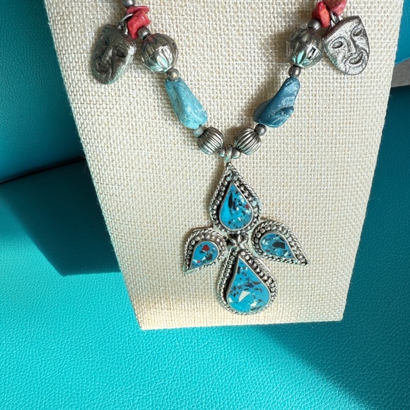 Angel Turquoise Angel Cross Pendant Necklace with Pewter Mask Beads - Picture 2 of 8